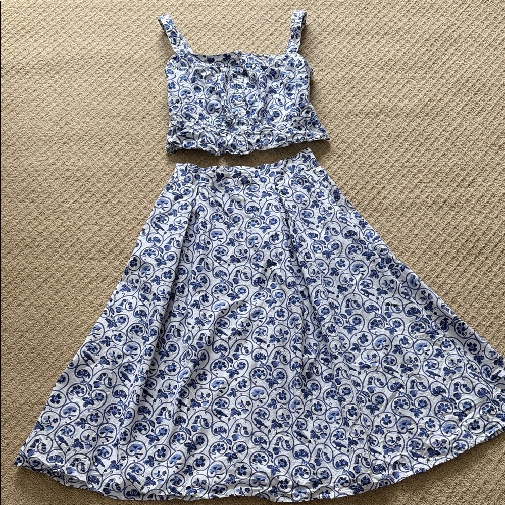 Blue and White Floral Two-Piece Set Thierry Colson- Size Large